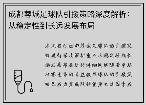 成都蓉城足球队引援策略深度解析：从稳定性到长远发展布局