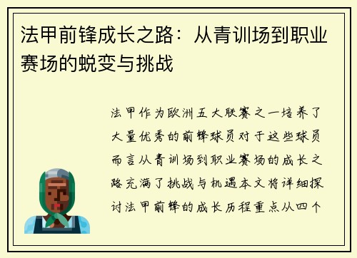 法甲前锋成长之路：从青训场到职业赛场的蜕变与挑战